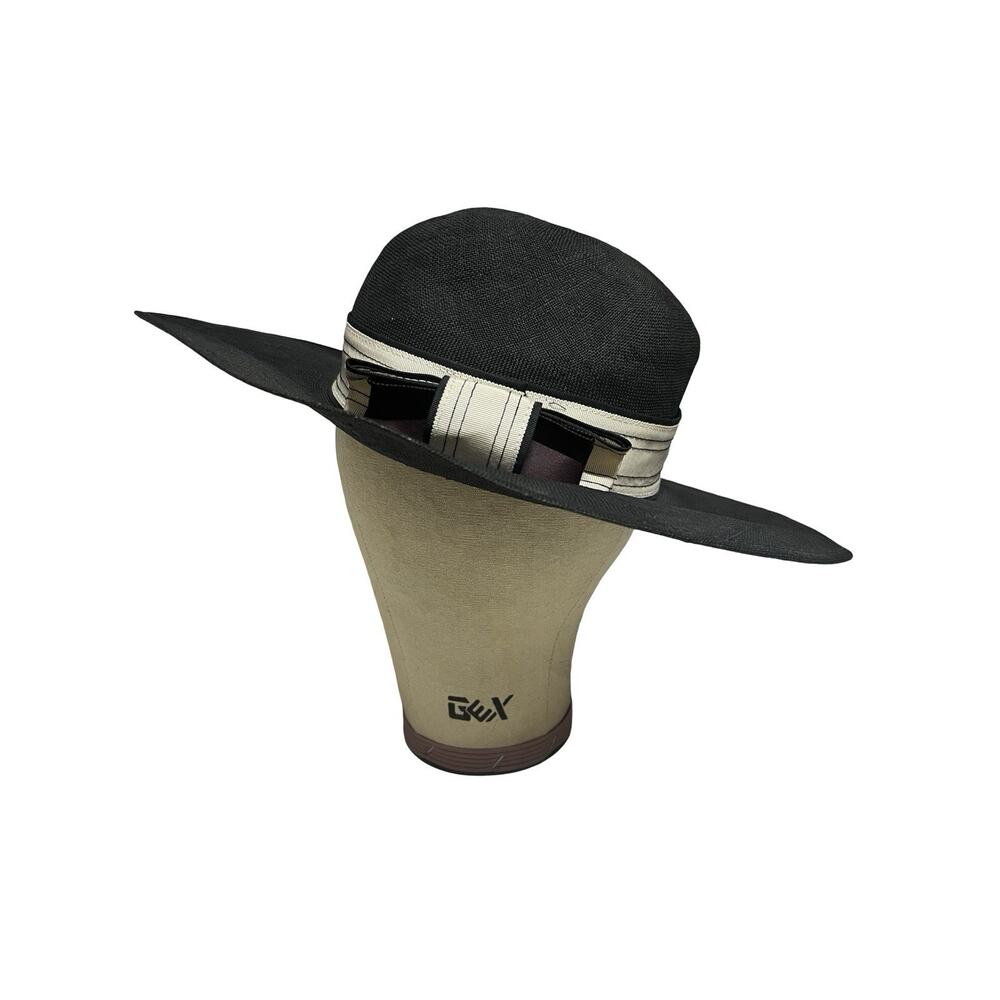 Miss Bierner Vintage Black Wide Brim Straw Hat Wide Ribbon Band Made In USA